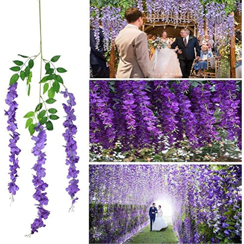 12pcs Artificial Wisteria Vine Hanging Silk Flowers – Purple