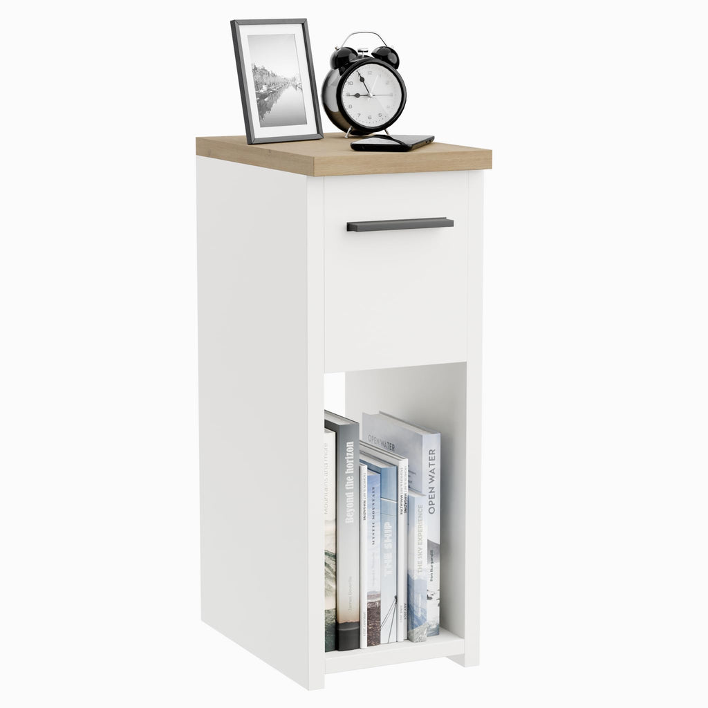 ComfortCove Narrow Bedside Table with Storage Shelf & Handle, White/Oak - image 1