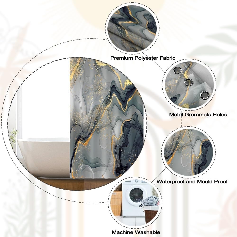 Xiaoterna 90x180cm Marble Shower Curtain Black Grey Gold Dots Waterproof Polyester Bathroom Curtain Luxury Modern Aesthetic Artistic Machine Washable - image 5