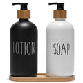 FEILANDUO Glass Soap Dispenser Set with Bamboo Pump and Tray | 2 Pack