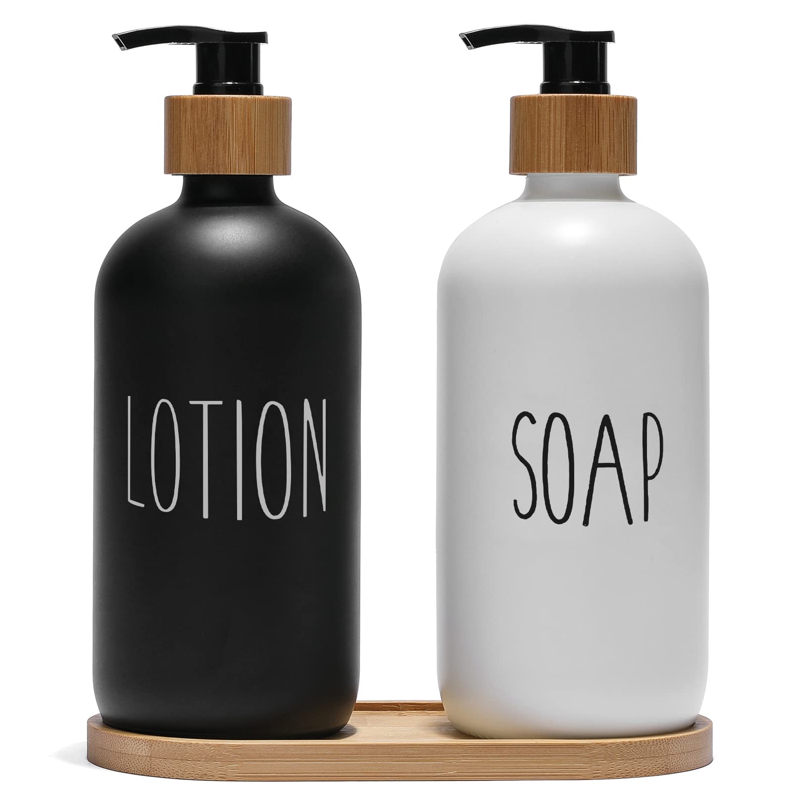 FEILANDUO Glass Soap Dispenser Set with Bamboo Pump and Tray | 2 Pack