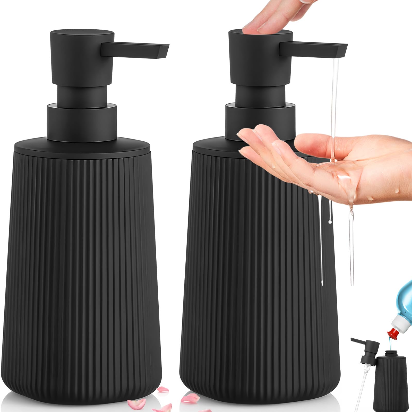 Glass Soap Dispenser Set | 2 Pcs 350ml Black Ribbed Glass