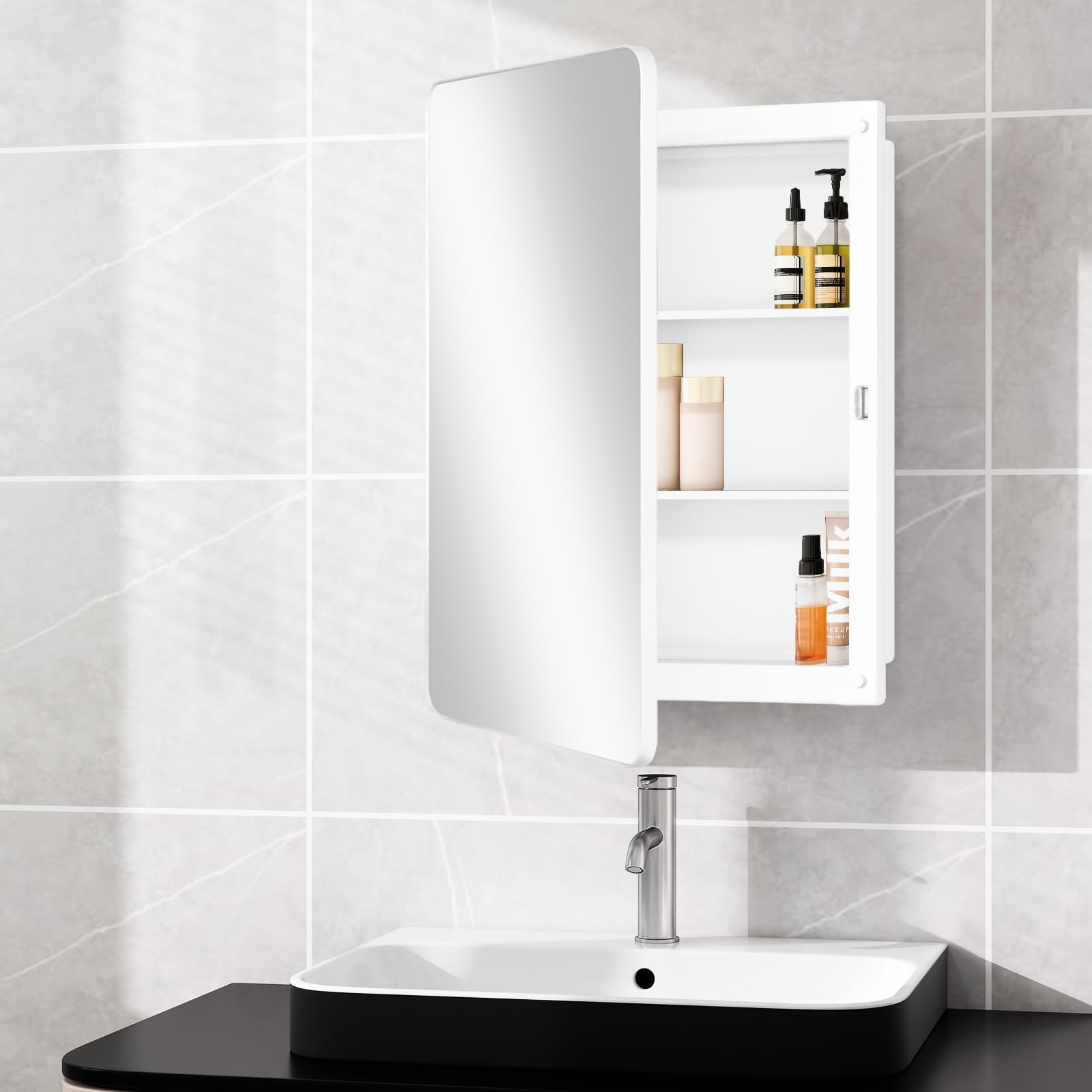 Fundin Plastic Mirror Cabinet - White Framed Recessed or Surface Mount