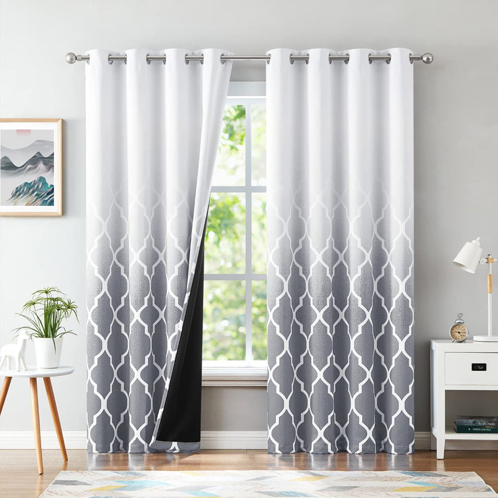 Beauoop Grey Ombre Blackout Curtains – 90 Inch Geometric Eyelet Drapes