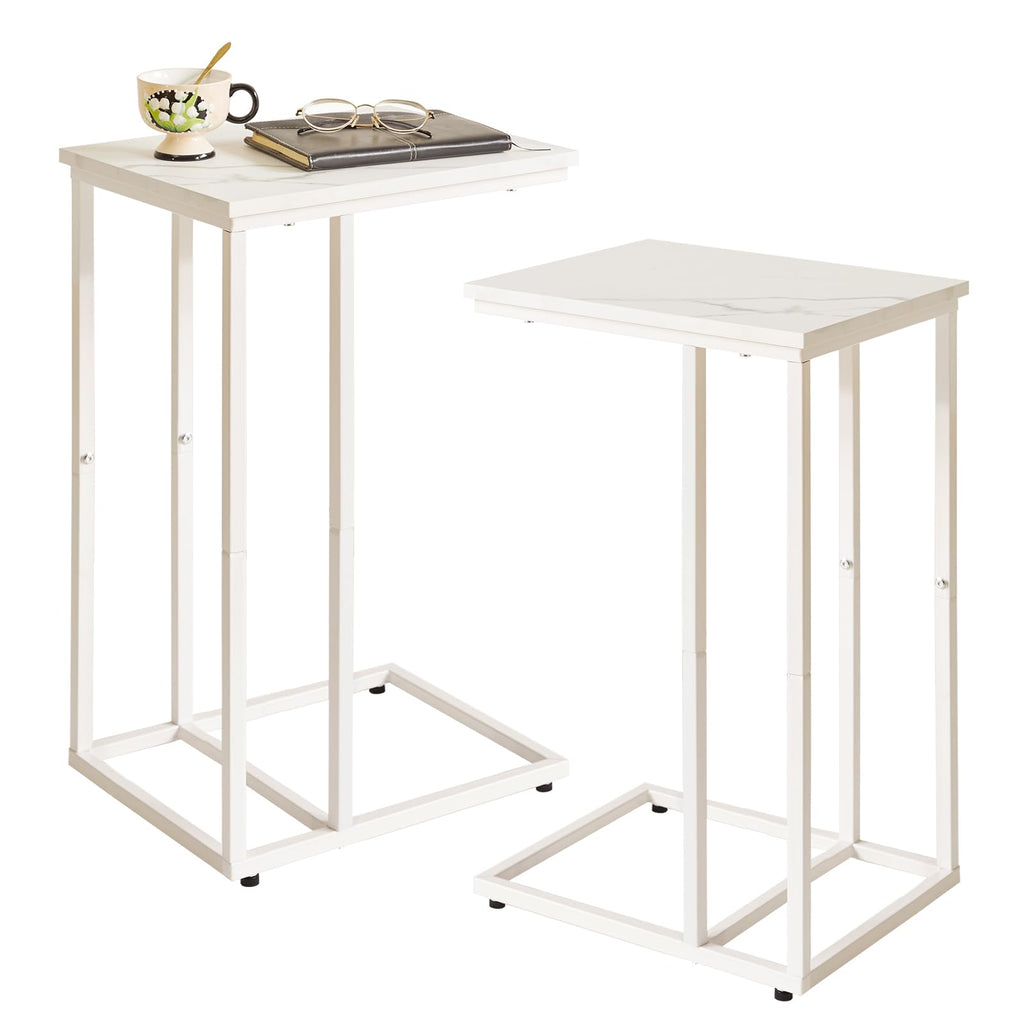 Aibiju C-Shaped Side Table Set of 2 | White Faux Marble Laptop Desk