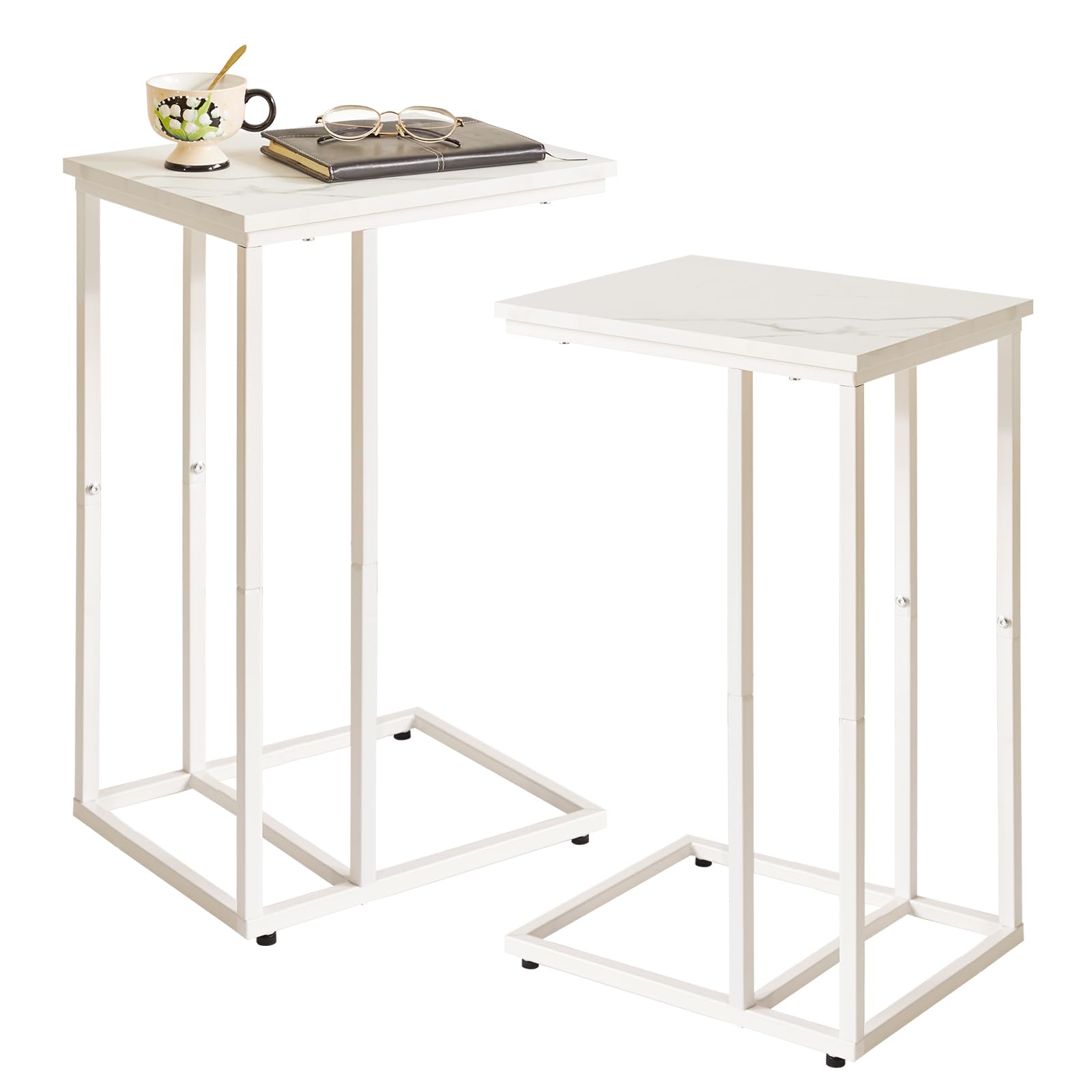 Aibiju C-Shaped Side Table Set of 2 | White Faux Marble Laptop Desk