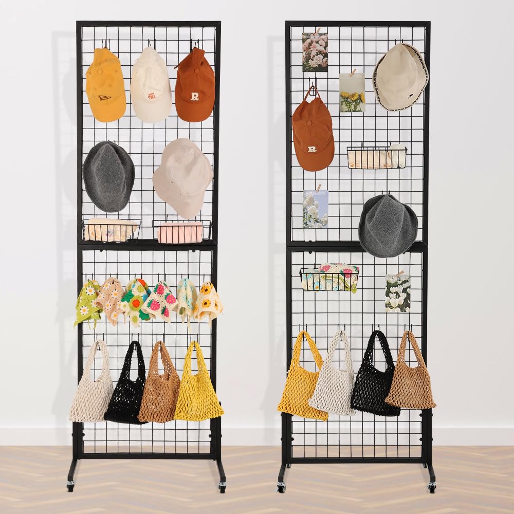 HIDODO Freestanding Grid Wall Panel Standing Wire Grid Display Rack with T-Base Wheels, Gridwall Panel Tower for Shows, Black 2 Pack