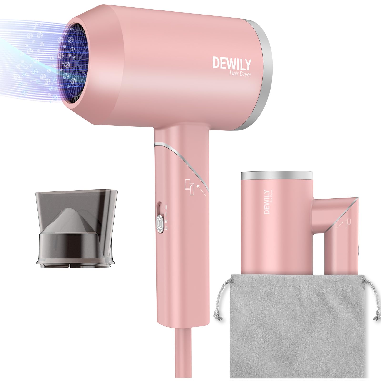 DEWILY 1800W Ionic Travel Hair Dryer – Foldable Lightweight Blow Dryer, Pink