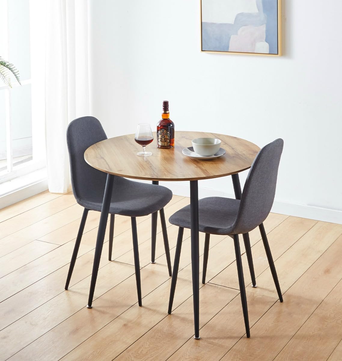 Hallowood Cullompton 2 Seater Dining Set – Brown Oak & Grey Fabric