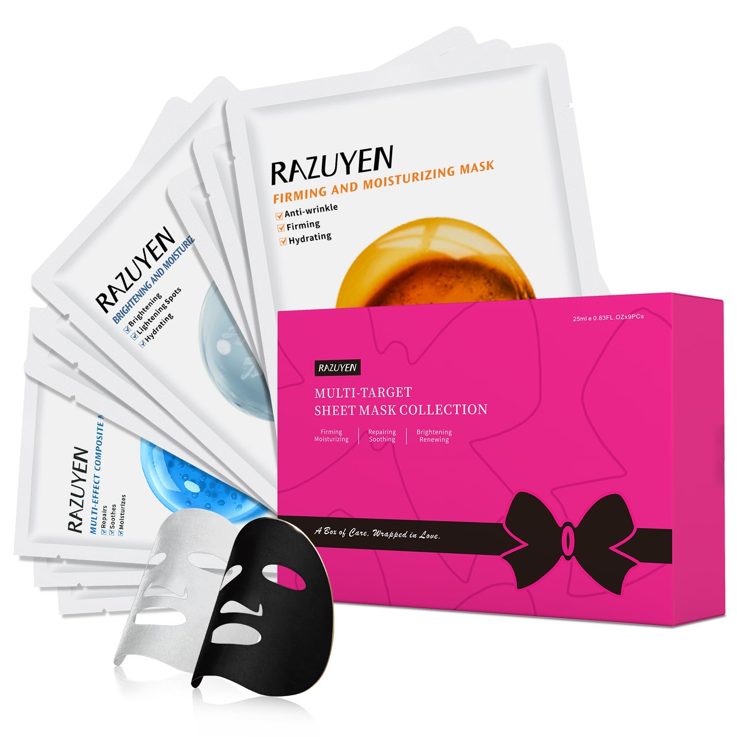 RAZUYEN Face Sheet Masks 9 Pack – Anti-Aging Peptide & Vitamin C Skincare