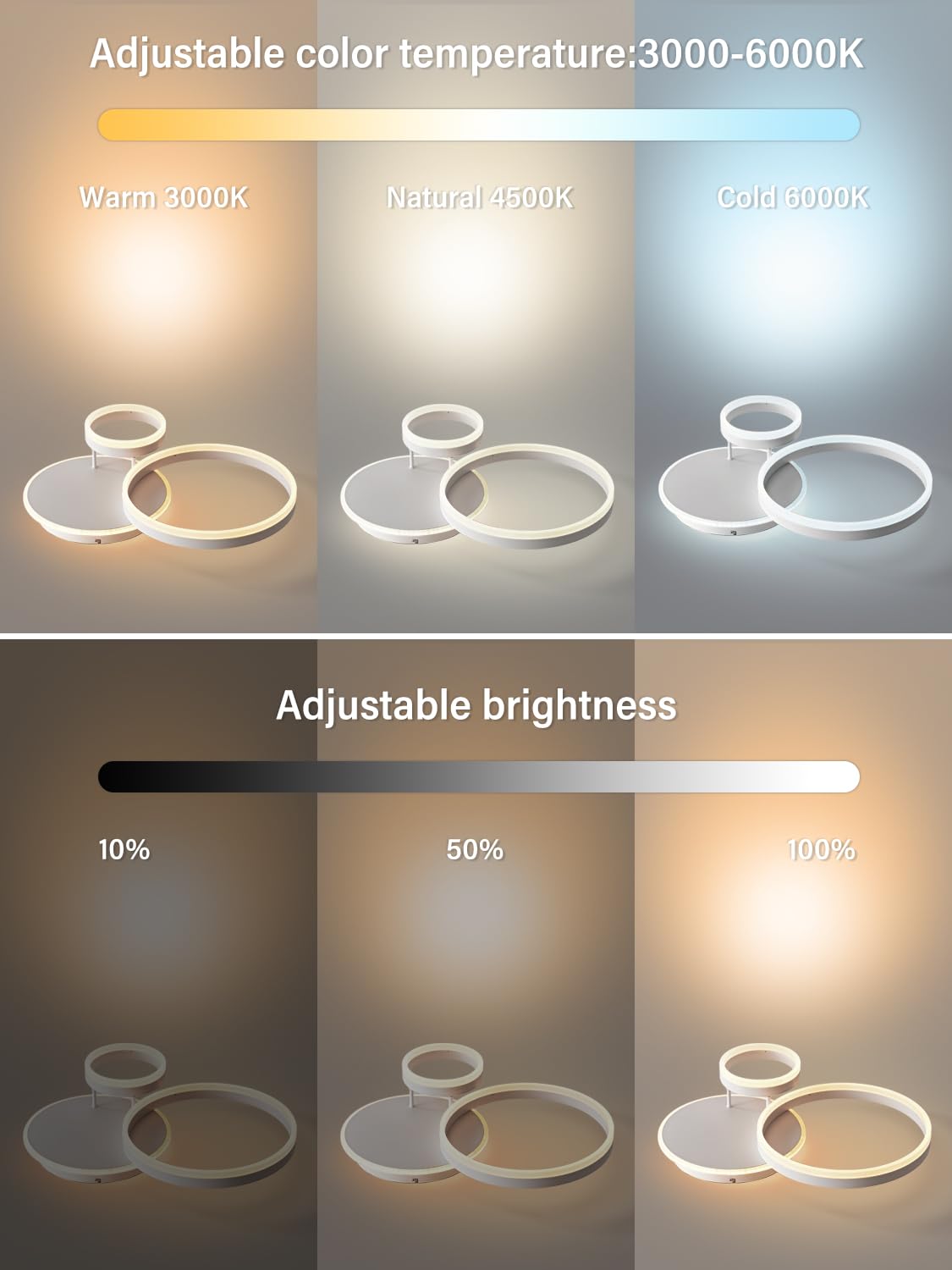 KAUCQI Modern LED Ceiling Light | 54W Dimmable 3-Ring Lamp with Remote