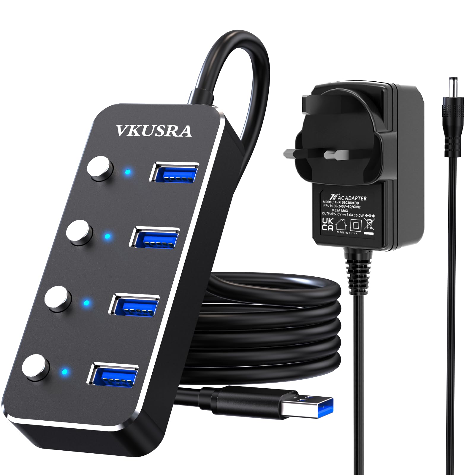 VKUSRA Powered USB 3.0 Hub – 4 Port Ultra Slim Splitter with AC Adapter