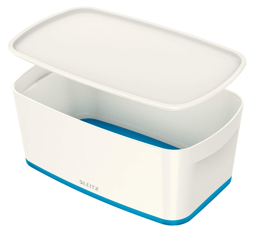Leitz A5 MyBox Small with Lid, Storage Box for Home and Office, 5 L, High Gloss, Plastic, White/Blue Metallic