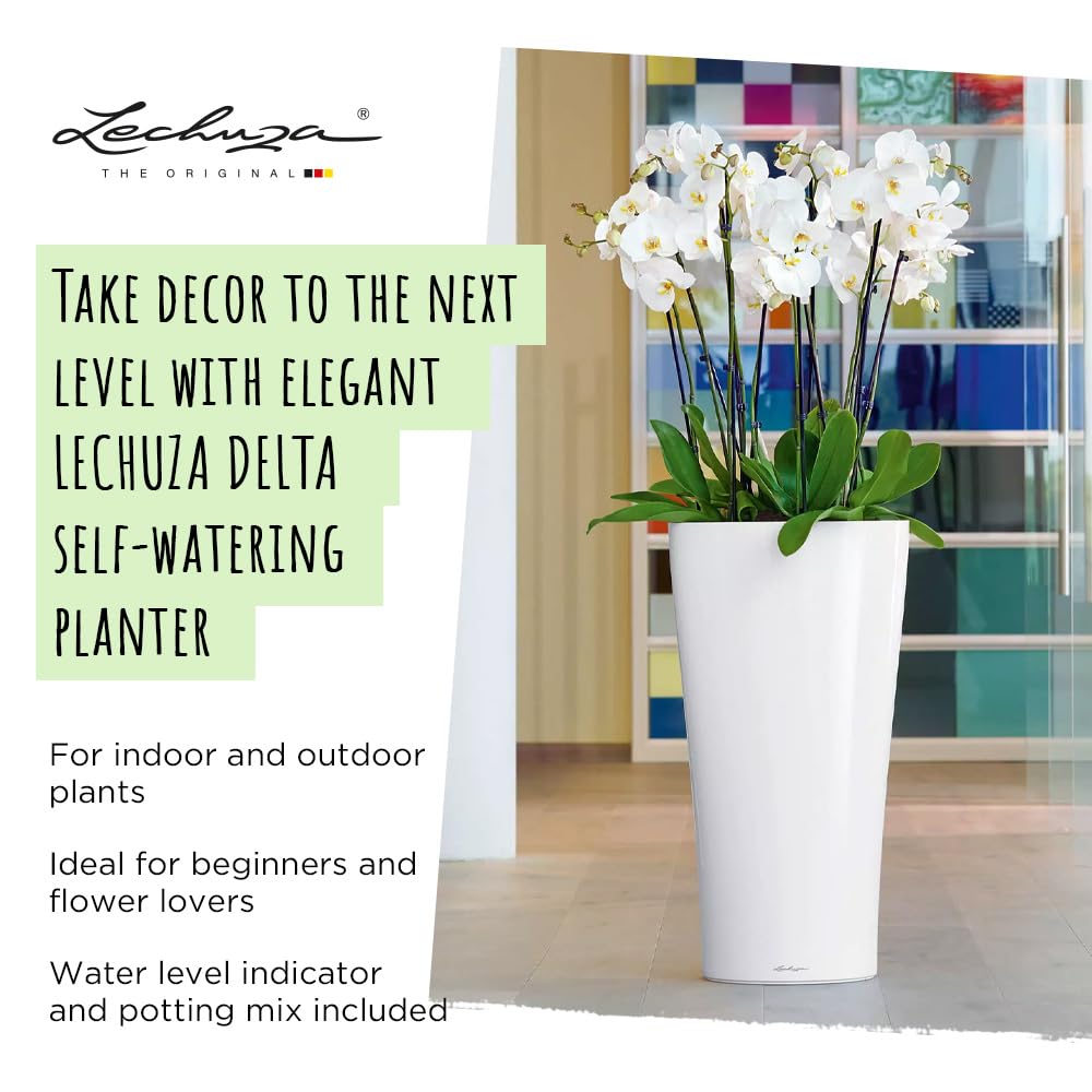 Lechuza Delta 30 Self-Watering Tall Planter | White High-Gloss 56cm