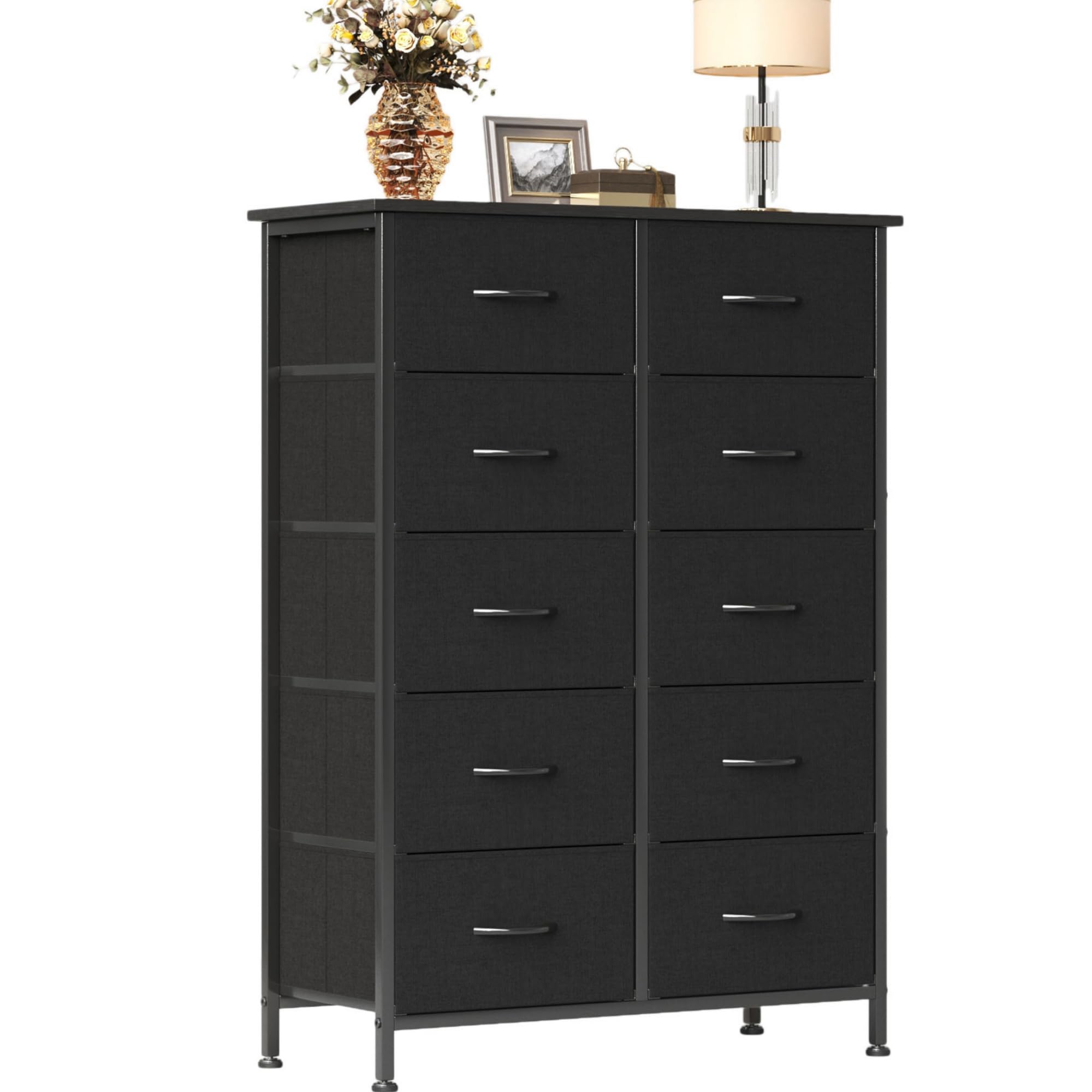 CAIYUN 10 Drawer Fabric Chest of Drawers | Tall Storage Dresser with Wood Top