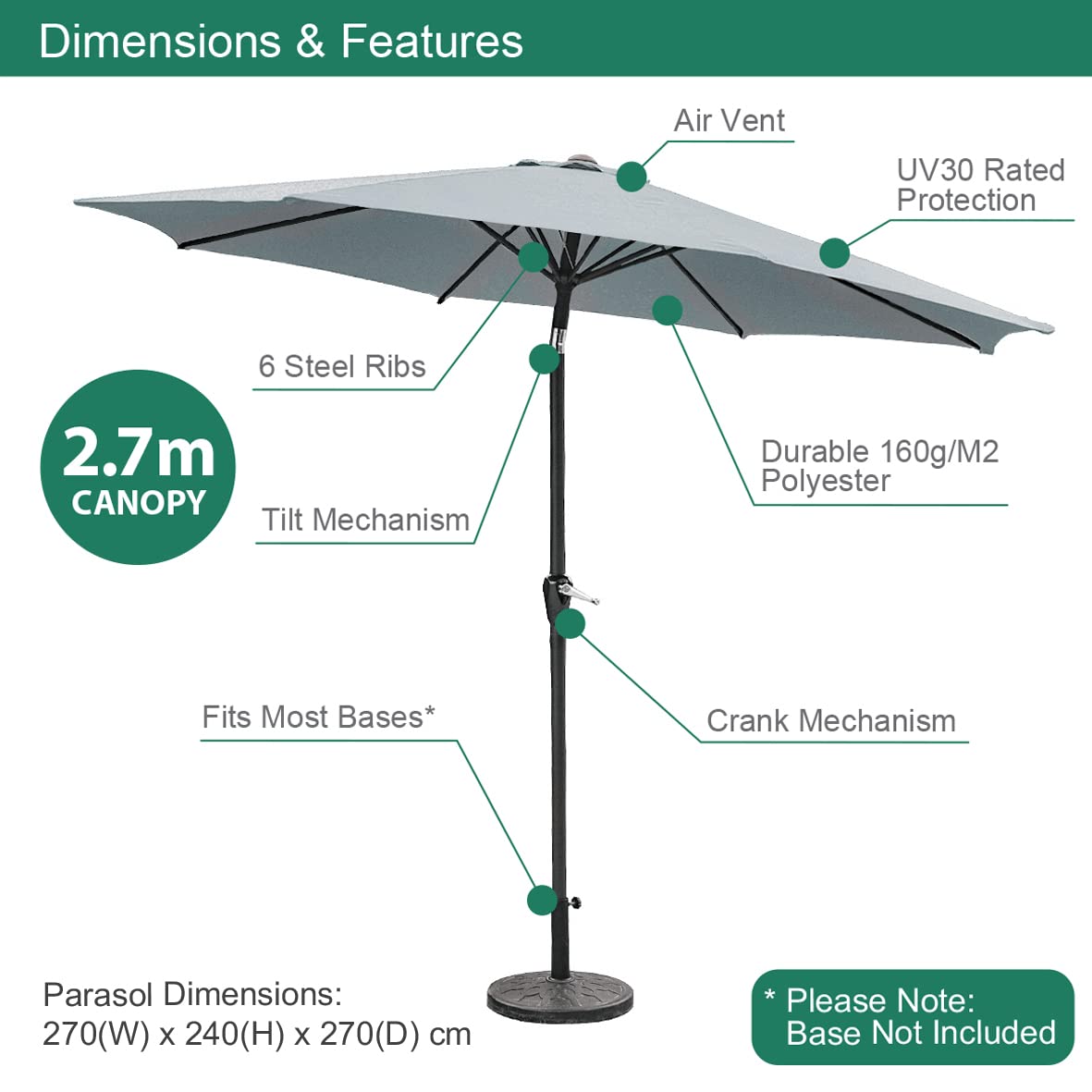 GardenKraft 2.7m Garden Parasol - Grey Tilt & Crank Outdoor Umbrella
