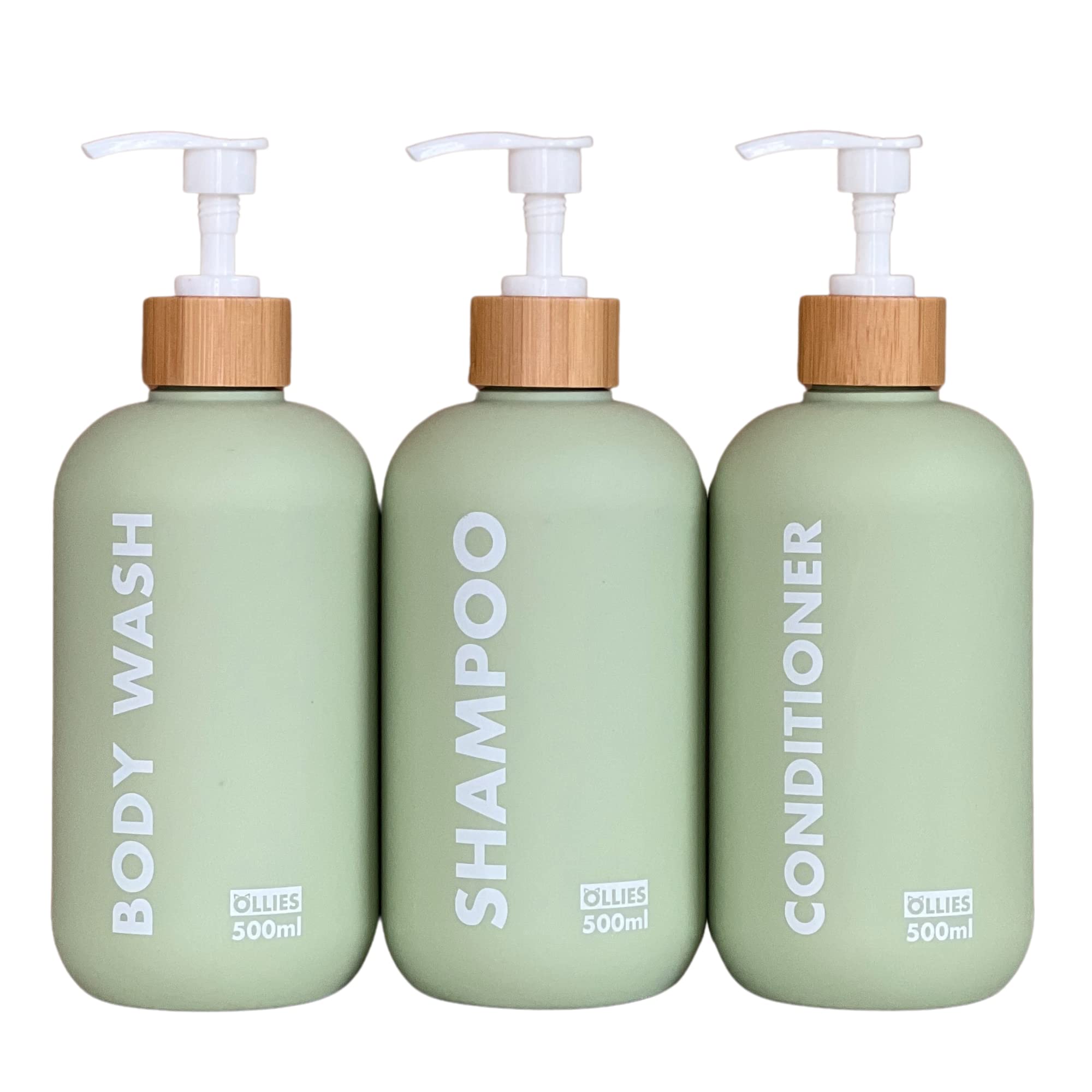 OLLIES Shower Soap Dispenser Set – 3 Refillable 17oz Bamboo Bottles