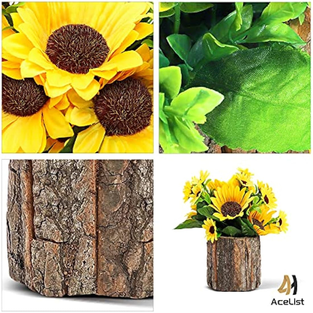 AceList Artificial Sunflowers | Potted Fake Plants with Bark Pots