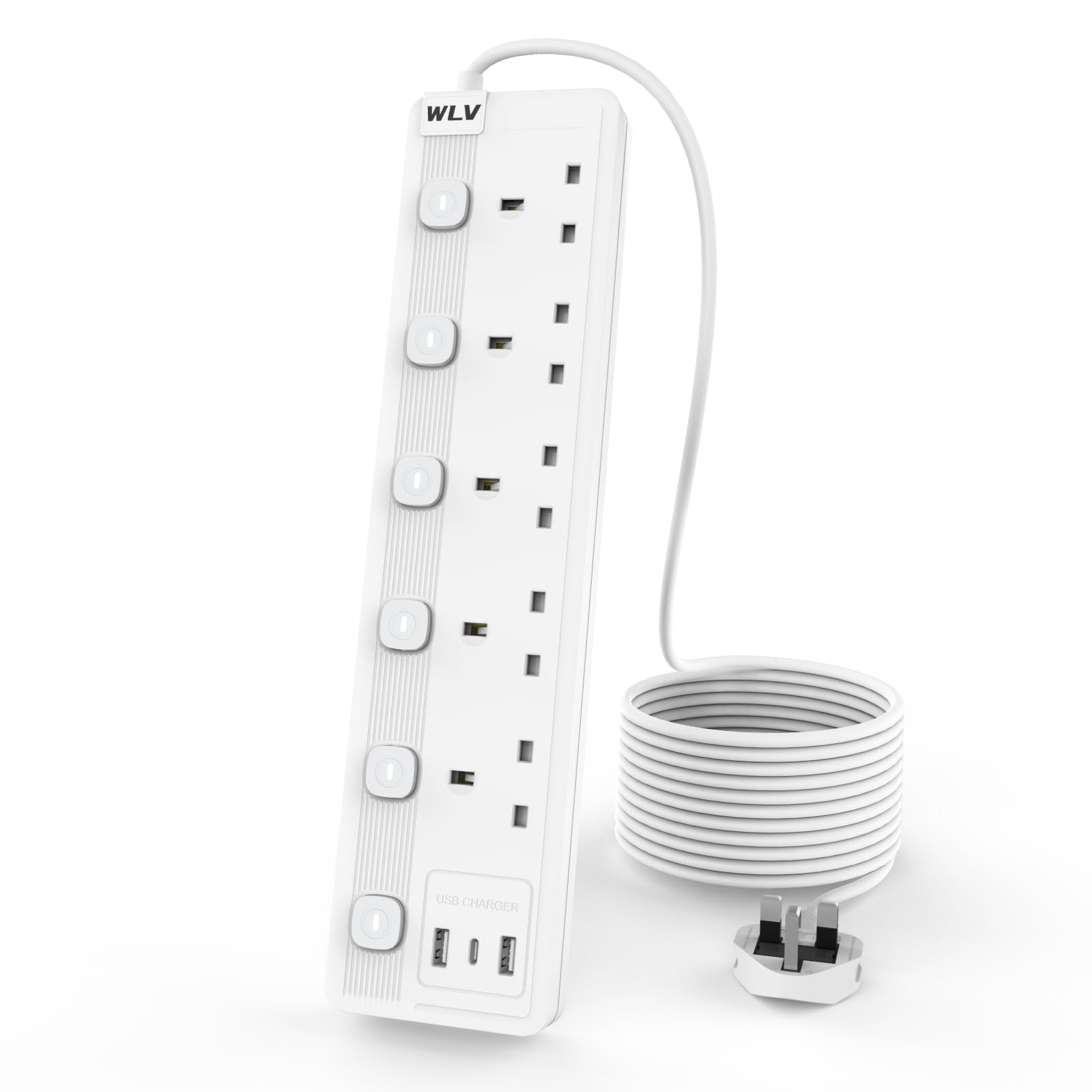 WLV 5 Gang Extension Lead with 3 USB Slots – 3M Wall Mounted Power Strip