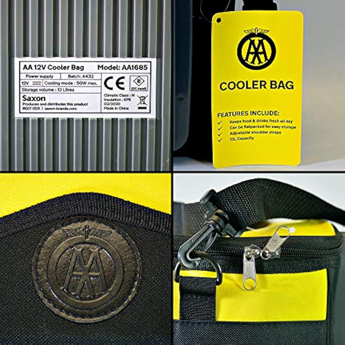AA 12V Electric Cooler Bag – 13L Portable Travel Fridge for Car, Black