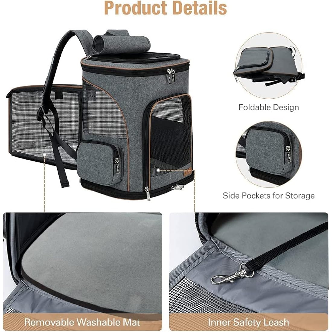 Lekesky Expandable Cat Carrier Backpack | Breathable Pet Rucksack - Grey