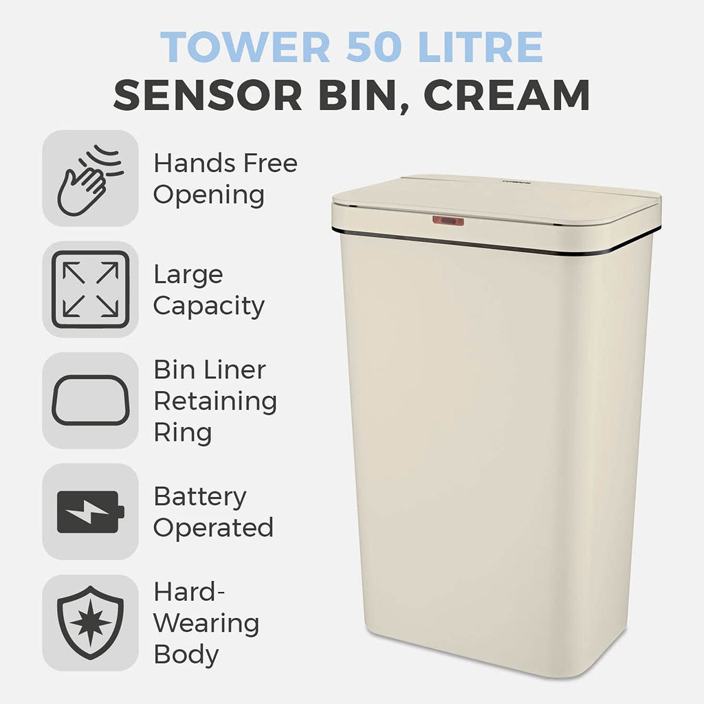 Tower 50L Sensor Bin – Automatic Hands-Free Kitchen Waste Bin, Cream