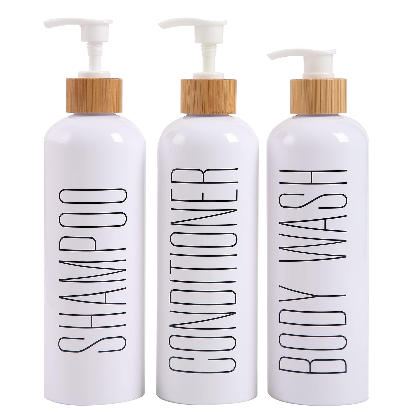 Refillable Shampoo Bottles with Bamboo Pump - 3 Pack, 500ml