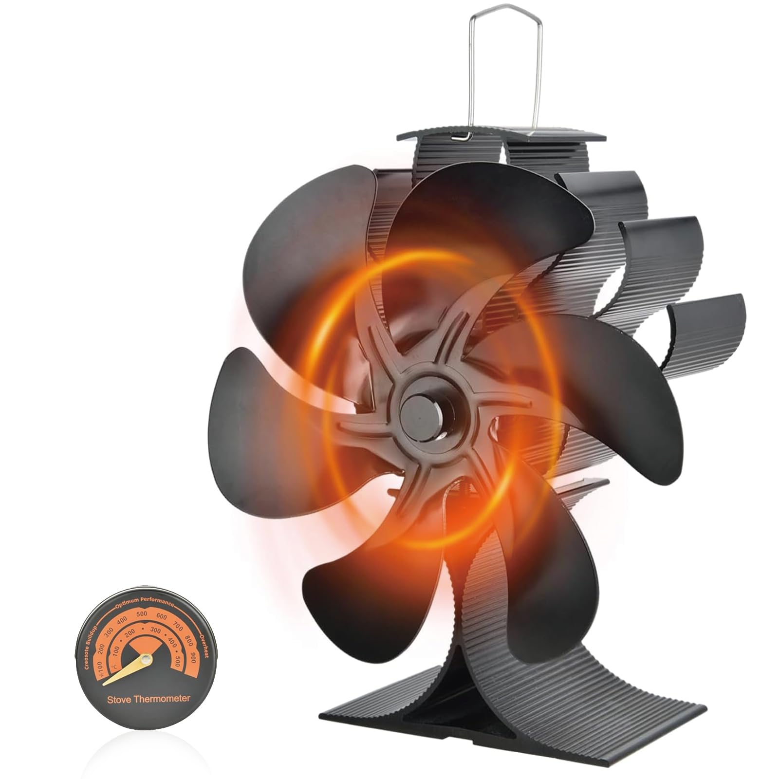 6-Blade Heat Powered Stove Fan with Thermometer for Log Burner