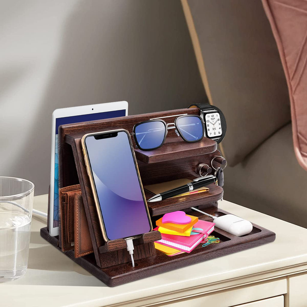 AliveByte Men's Bedside Organiser - Wooden Phone Docking Station & Table Organiser - Brown - 3 Levels - Easy Assembly - Gift for Him - image 5