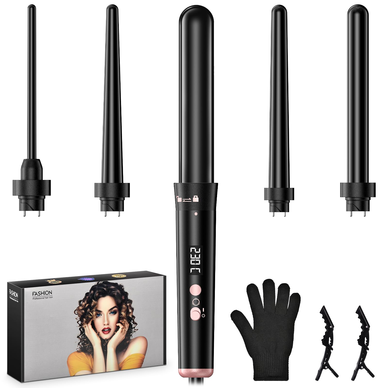 Brenth 5-in-1 Curling Wand Set | Ceramic Hair Curler with LCD Display