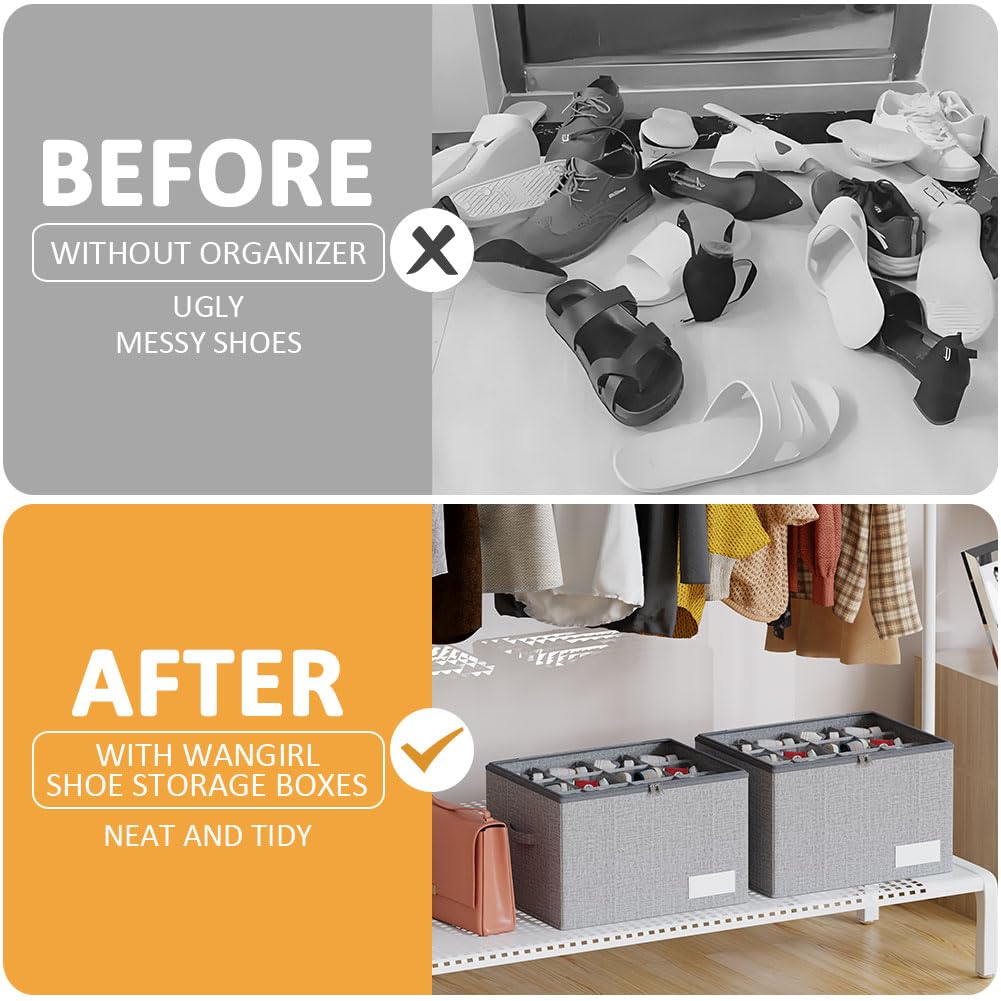 WANGIRL Fabric Shoe Storage Box, Fits 12 Pairs, Foldable Shoe Organiser for Wardrobe with Clear Lids, Bottom Support and Reinforced Handles - image 5