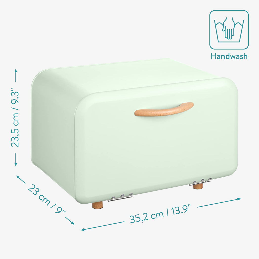 Navaris Metal Bread Bin – Mint Green Kitchen Storage Box with Beechwood