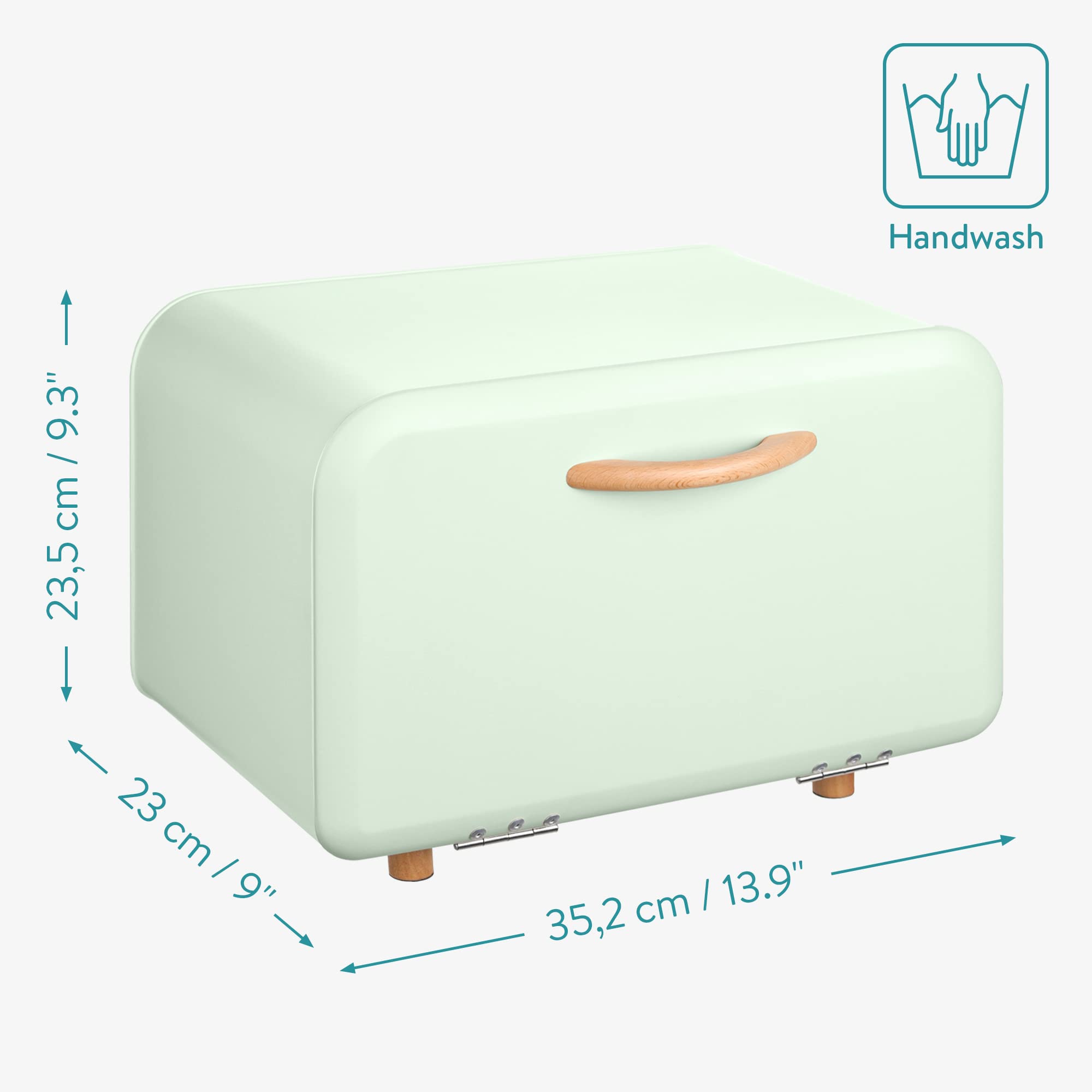 Navaris Metal Bread Bin – Mint Green Kitchen Storage Box with Beechwood
