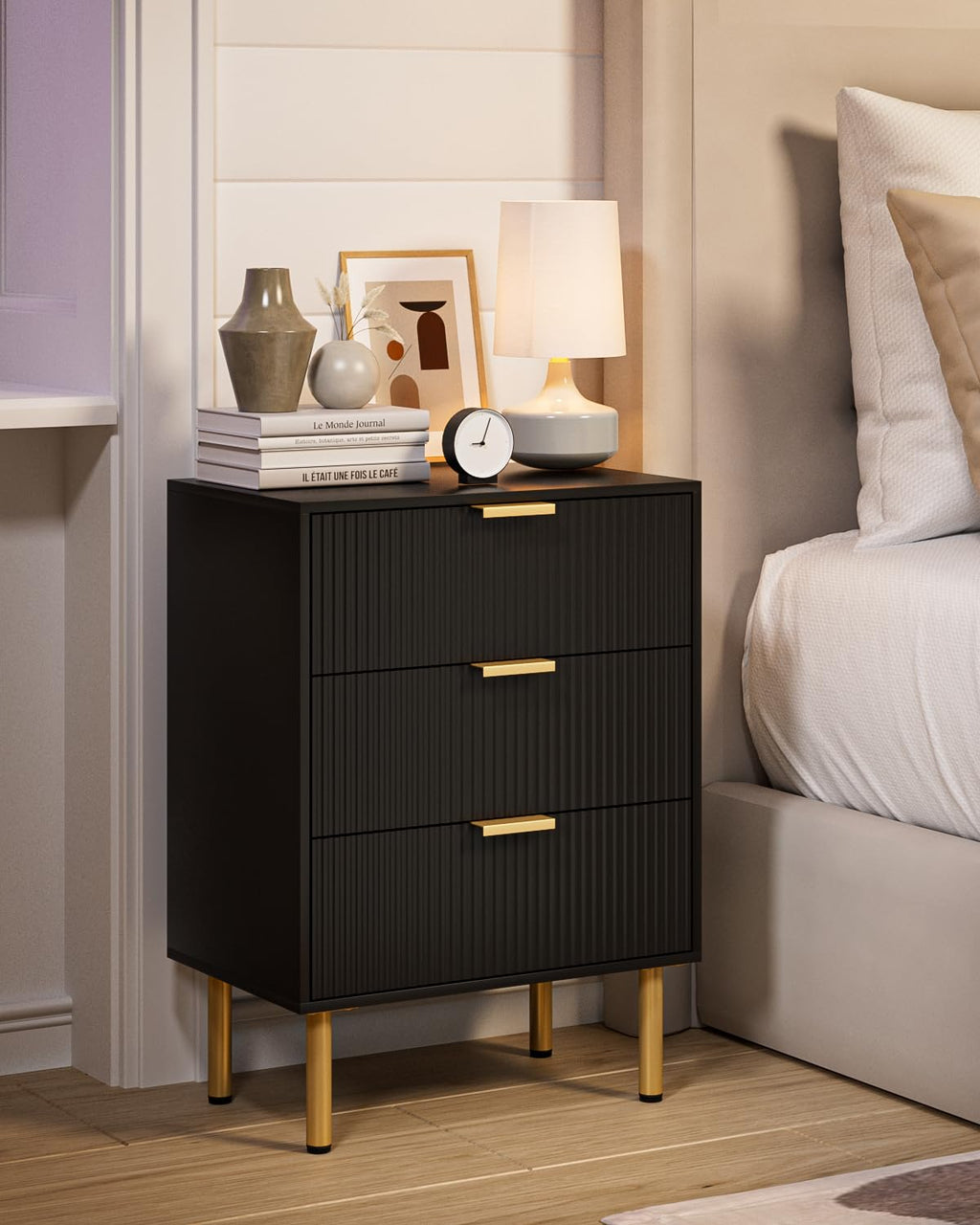 Apetaccat Bedside Table with 3 Drawers, Modern Bedside Cabniet with Metal Legs, Fluted Nightstand, Side Table for Bedroom, Living Room, Office - image 1