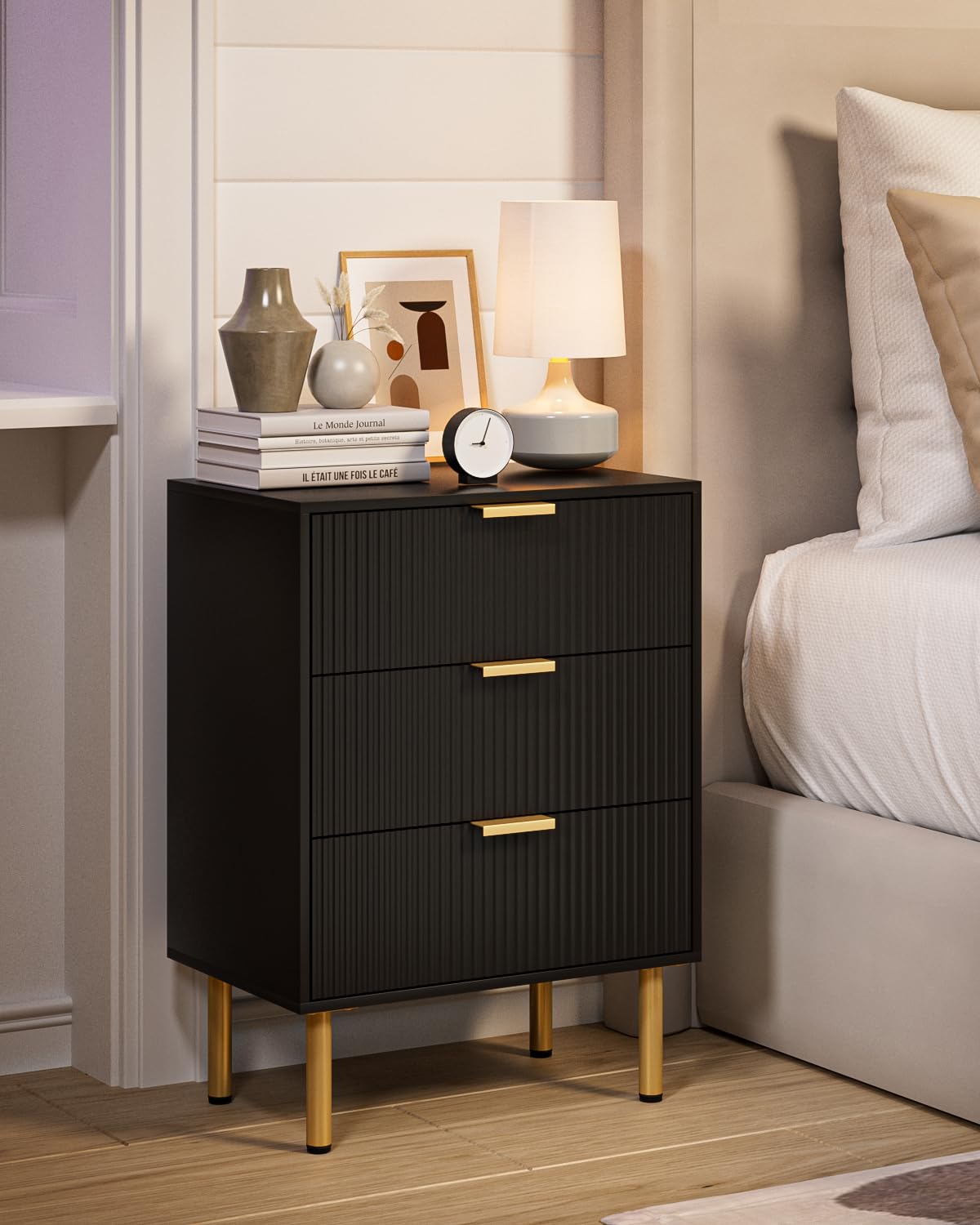 Apetaccat Bedside Table with 3 Drawers, Modern Bedside Cabniet with Metal Legs, Fluted Nightstand, Side Table for Bedroom, Living Room, Office - image 1