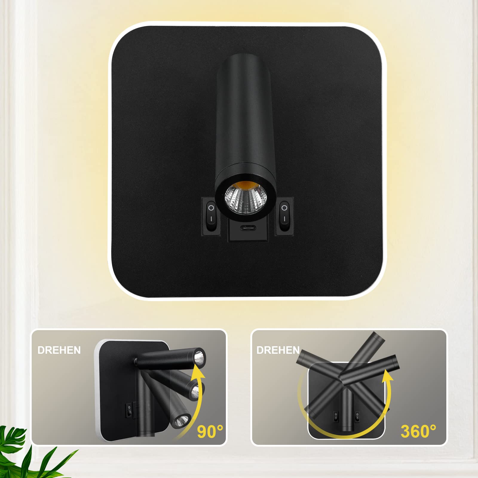 uksunvi LED Reading Lamp | 12W Wall Light with USB & Type-C Charging
