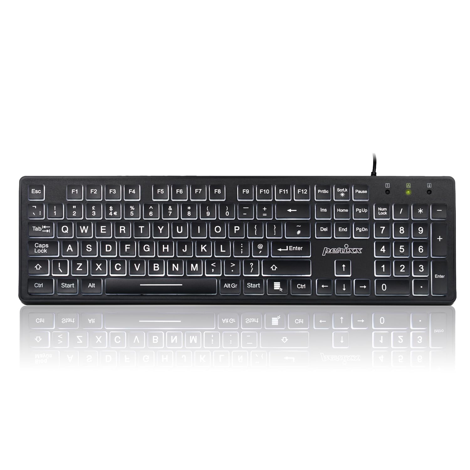 Perixx PERIBOARD-317 Wired Keyboard | White Backlit Big Print UK Layout
