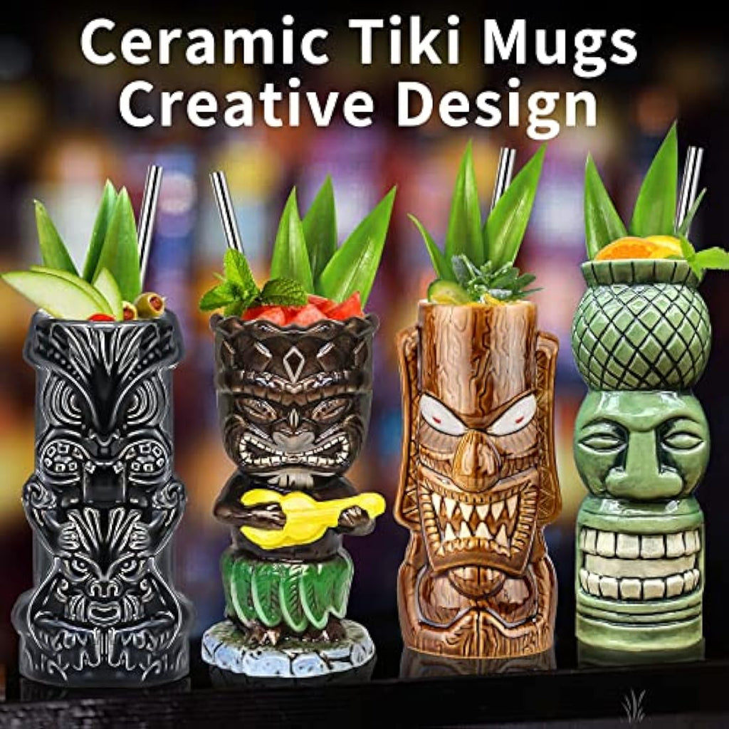 Jolof Store Tiki Mugs – Set of 4 Large Ceramic Hawaiian Cocktail Glasses