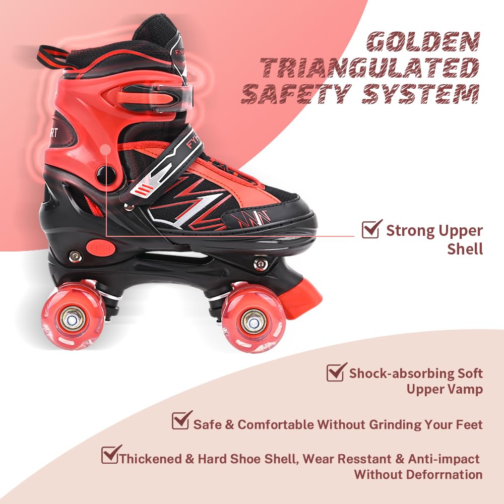 MGY Kids Adjustable Roller Skates with 8 Light Up Wheels – Red