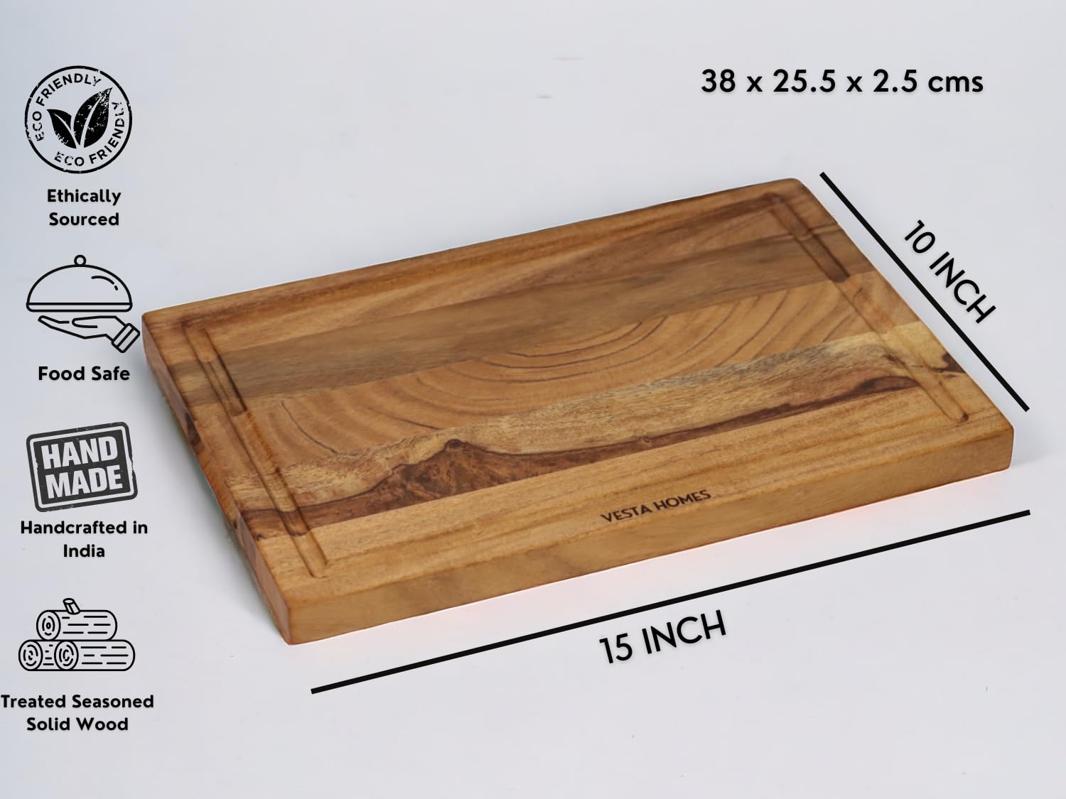 Vesta Homes Sheesham Wood Chopping Board with Juice Grooves | 38cm