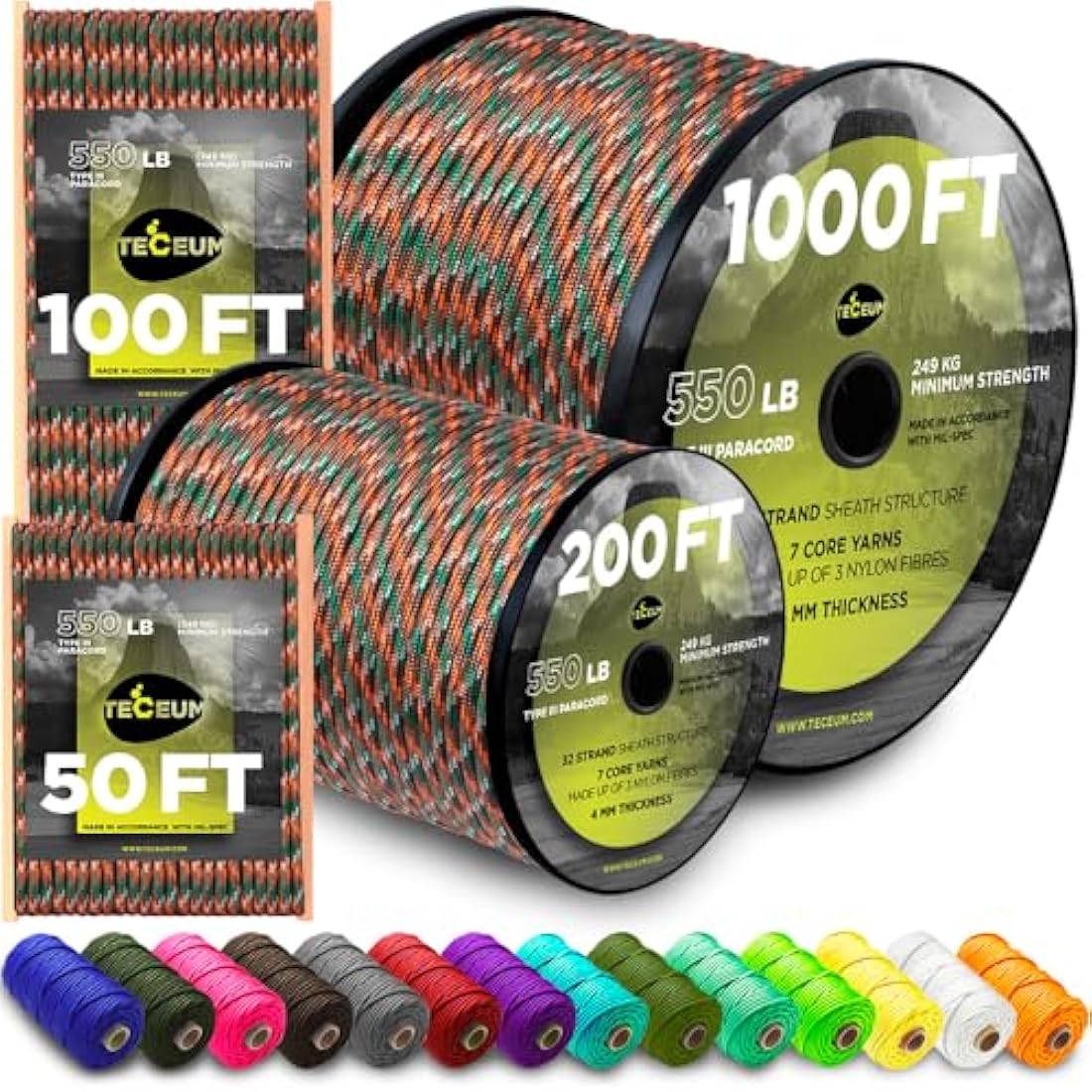 TECEUM 550lb Paracord – 4mm Nylon Tactical Rope for Camping & Survival