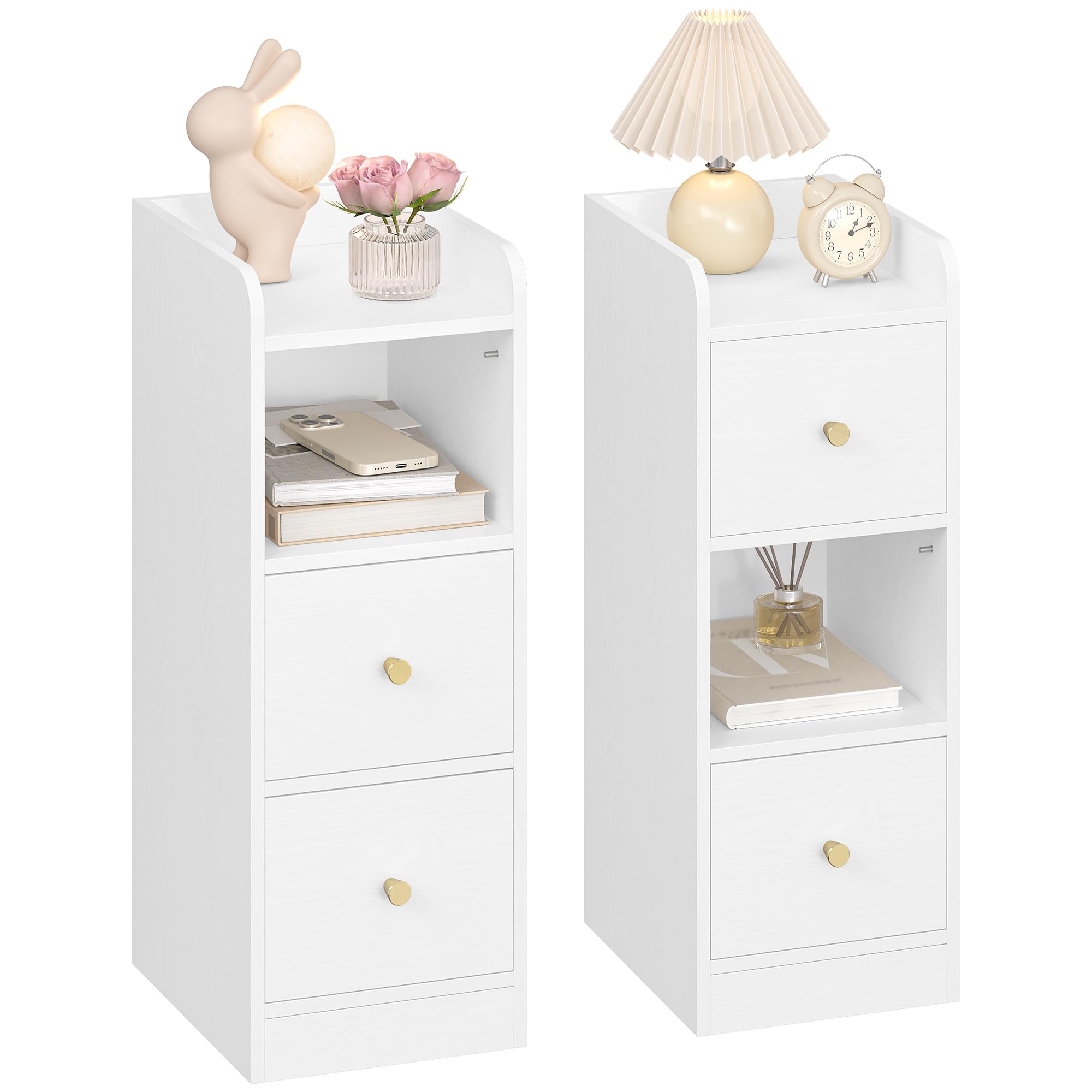 Hzuaneri Slim Bedside Tables Set of 2 | Narrow Side Table with 2 Drawers