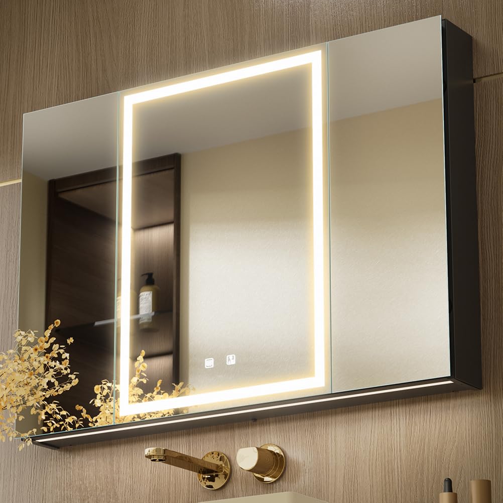 100 x 70 cm Three Doors Aluminum LED Bathroom Medicine Cabinet with Mirror - image 1