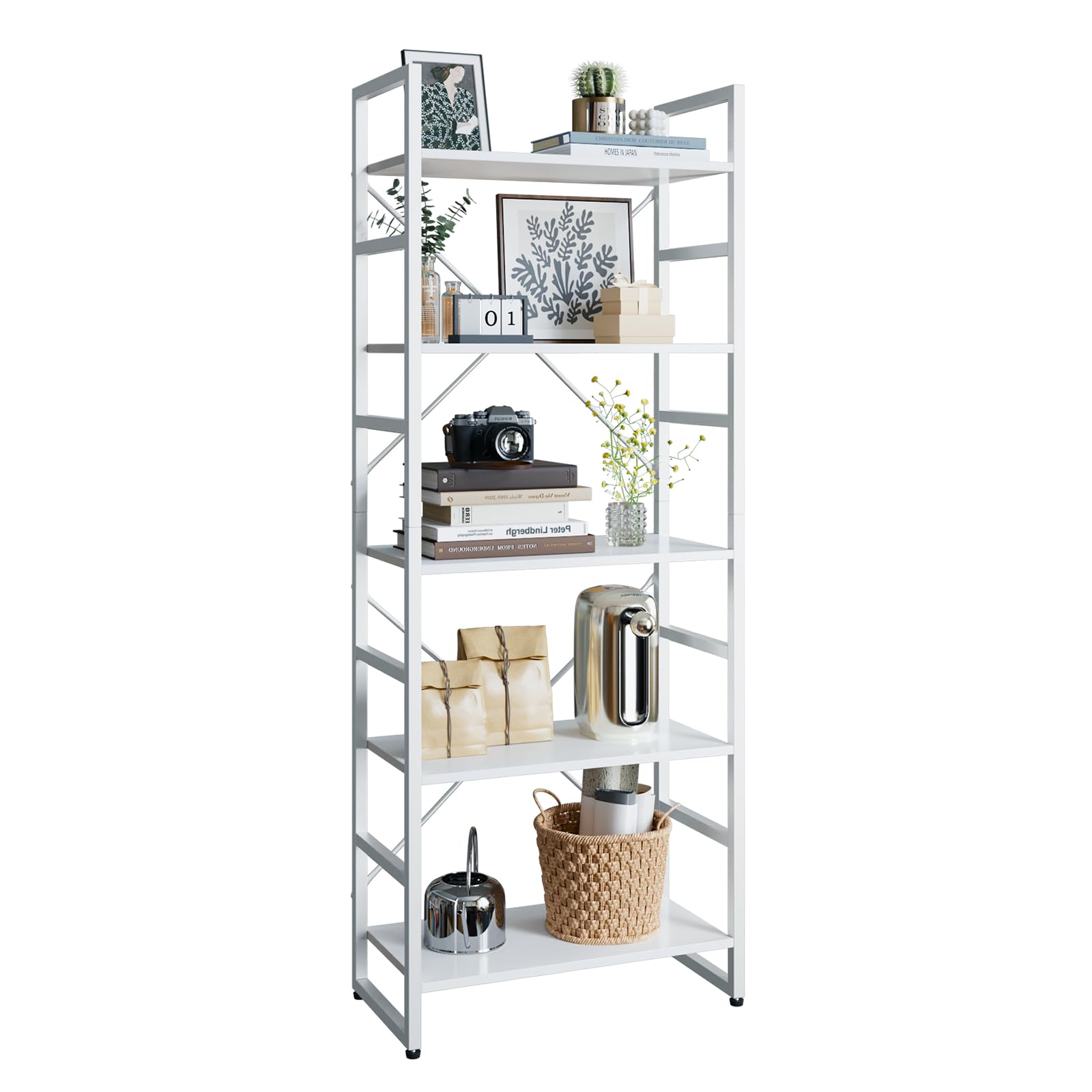 TREETALK 5-Tier Industrial Bookshelf | Standing Storage Rack - White