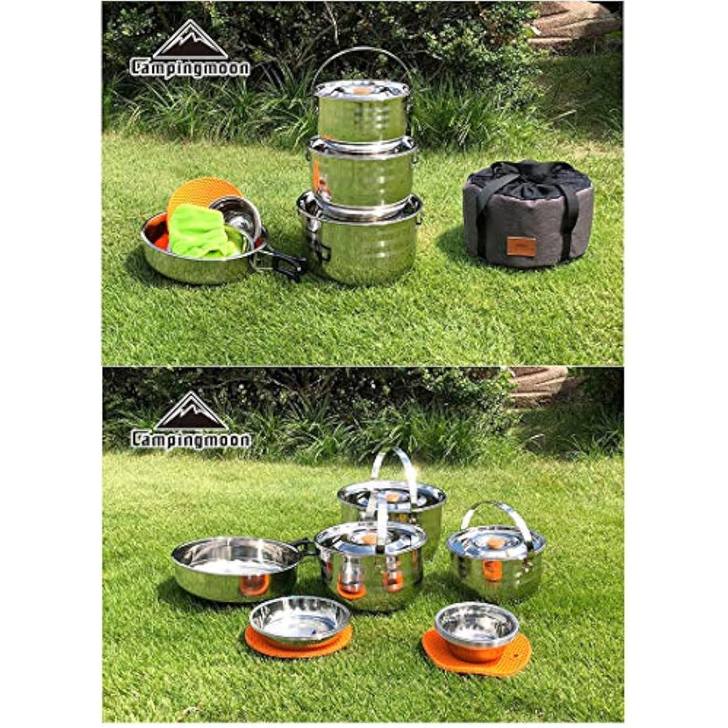 CAMPINGMOON Stainless Steel 15-Piece Nesting Camping Cookware Set