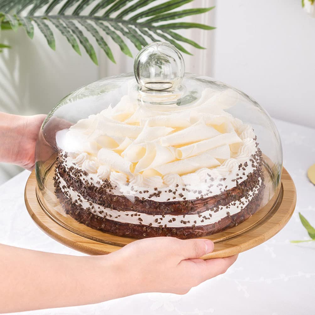 VOSAREA Wooden Cake Tray with Glass Dome - 29cm Serving Platter Stand