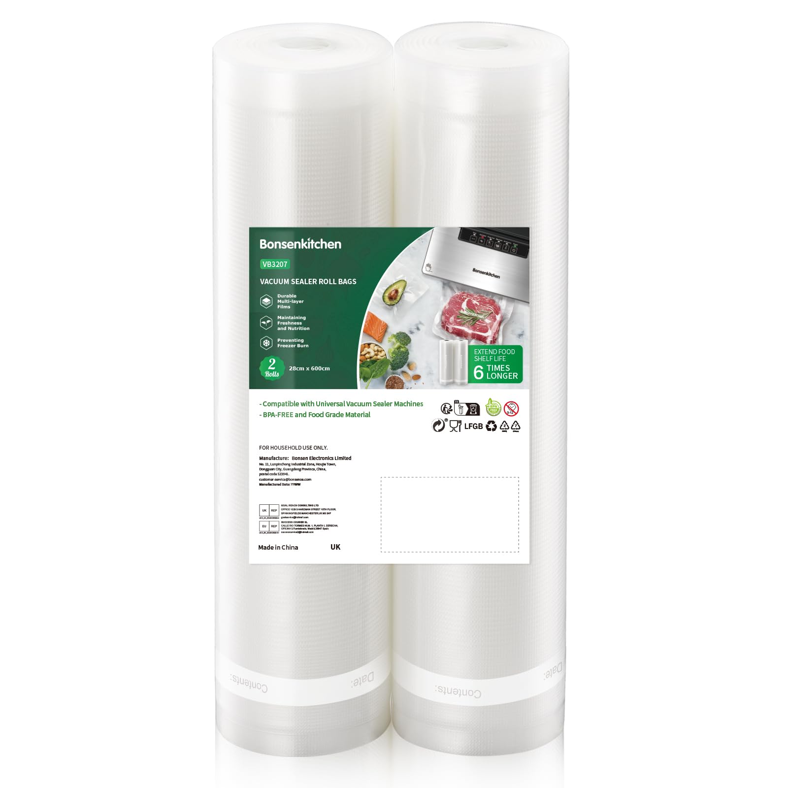 Bonsenkitchen Vacuum Sealer Rolls | 2-Pack BPA Free Food Storage Bags