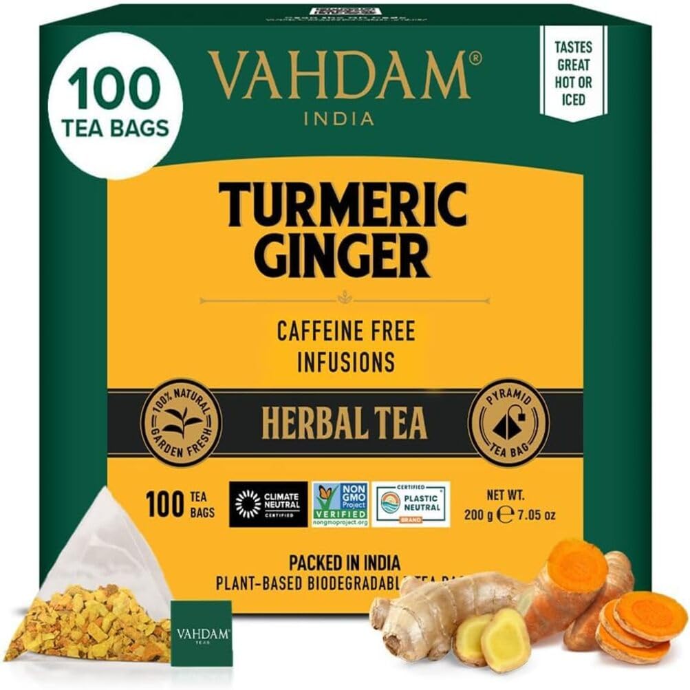 VAHDAM Turmeric Ginger Herbal Tea - 100 Caffeine Free Pyramid Bags