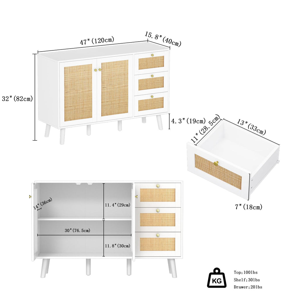 Skokliz Rattan Sideboard, Modern Storage Cabinet with 3 Drawers, Buffet Cabinet with 2 Doors and Adjustable Shelves
