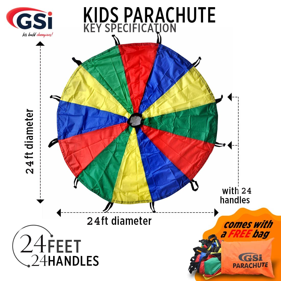 GSi Kids Play Parachute – 24 Feet Rainbow Polyester Toy with Handles